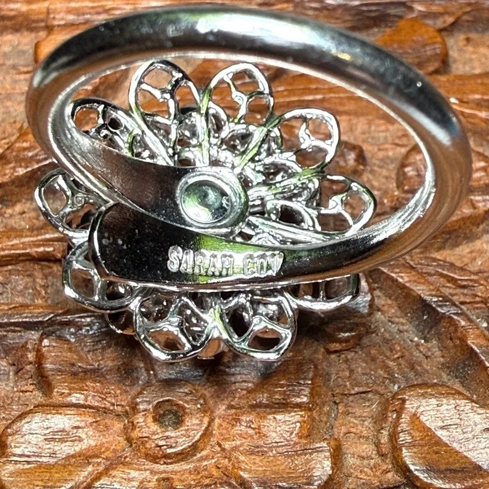 Sarah Coventry Silver Tone Rhinestone Cluster Flower Ring Adjustable
